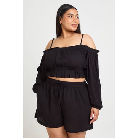 boohoo Dames Plus Getextureerde Strandshort | Zwart | Maat: 50