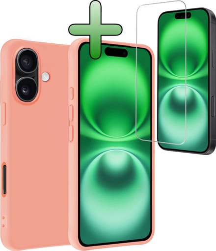 Hoesje Met Screenprotector - Geschikt voor Apple iPhone 16 Plus - Sterk & Shockproof - Back Cover - Siliconen Case - Telefoon Hoes - Perzik