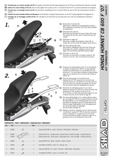 Support de top case Shad pour Moto Honda 600 Cb F Hornet 2007 à 2010 Neuf