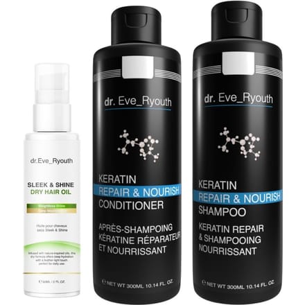 Keratine Shampoo + Conditioner 300 ml + Smooth & Shine Droge Haarolie 60 ml