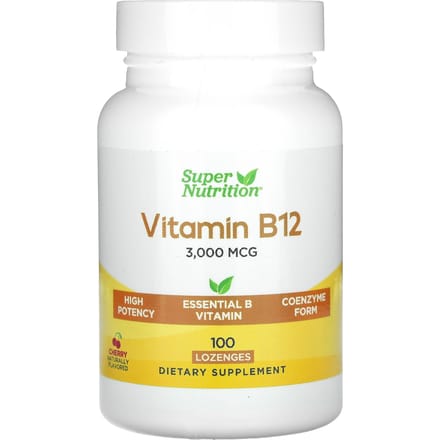 Super Nutrition, Vitamine B12, Saveur Cerise, 3 000 mcg, 100 Pastilles