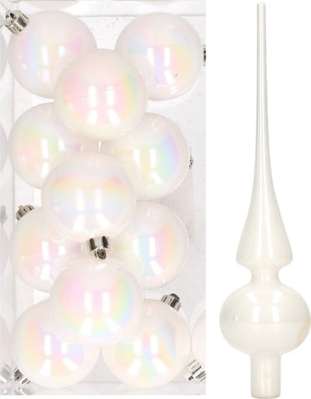 12x Parelmoer witte kunststof kerstballen met glazen piek glans - Kerstversiering