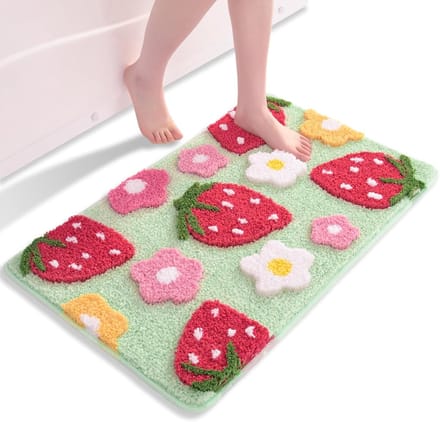 BILMU Badmat Aardbei Groen - Antislip Badkamertapijt - Wasbaar - Microvezel - 50 x 80 cm