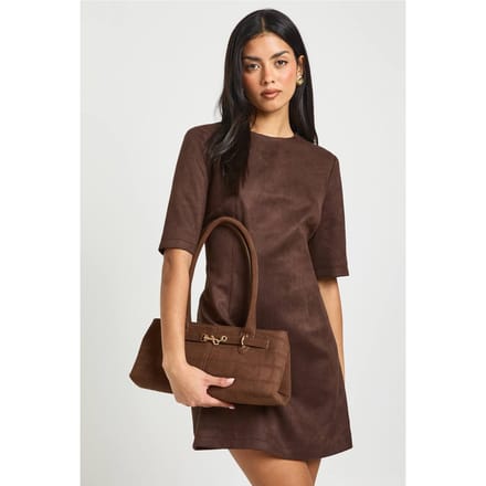 boohoo Dames Nep Suede Boxy T-shirt Jurk | Chocoladebruin | Maat: 40