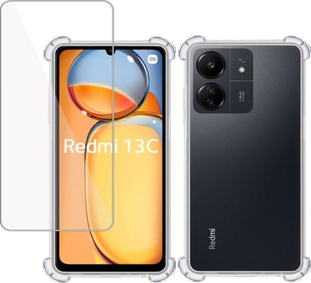 Hoesje + Screenprotector geschikt voor Xiaomi Redmi 13C – Tempered Glass - Extreme Shock Case Transparant