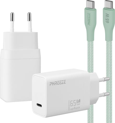Phreeze usb C oplader 65w met usb C naar usb C kabel groen - Power adapter - PPS fast charger voor telefoon en laptop