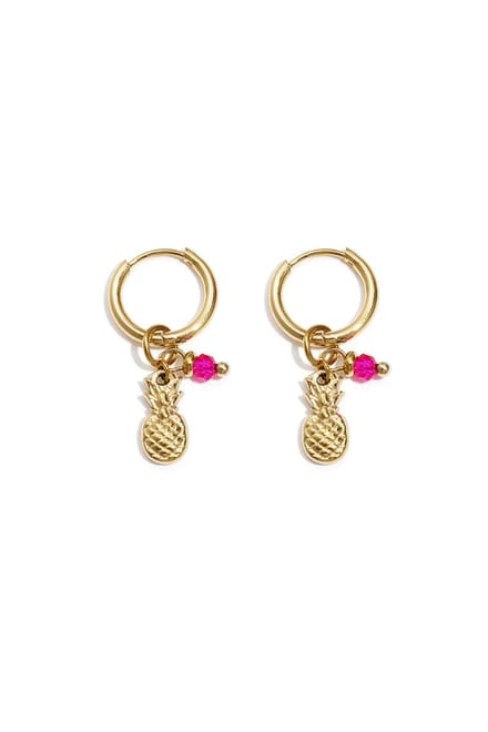 Oorbellen Ananas - Trending - RVS - Goud - Fuschia