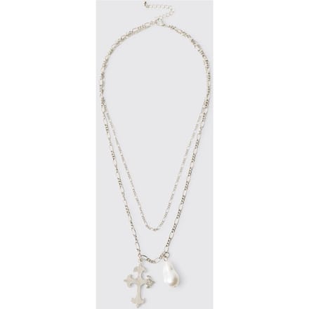 Cross and Faux Pearl Layered Necklace in Silver