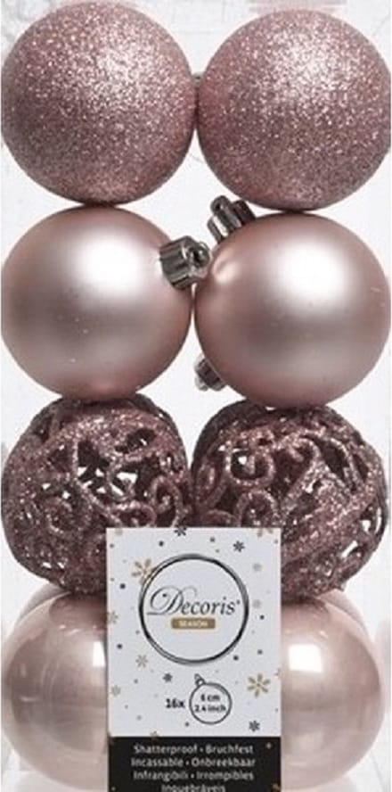 Decoris Kerstballen - 16x st - lichtroze - D6 cm - kunststof - kerstversiering