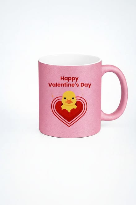 Valentijn Mok Roze Glitter met Schattig Eendje in Hart - Happy Valentine's Day Cadeau