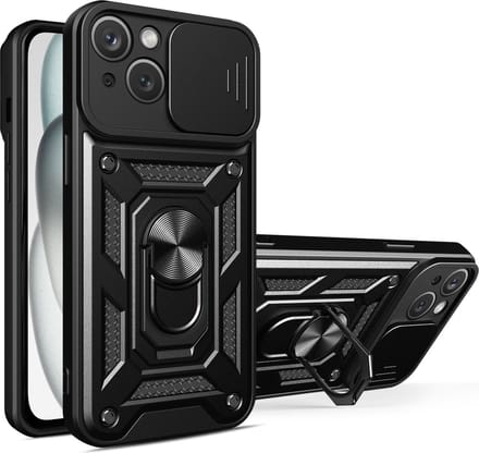 Hoesje geschikt voor iPhone 15 Plus met Ringhouder en Camera schuifje – Zwart