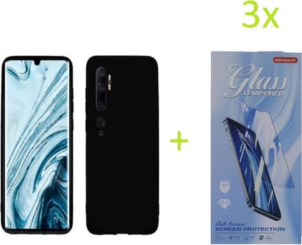 Xiaomi Mi Note 10 / Note 10 Pro TPU Silicone rubberen hoesje + 3 Stuks Tempered screenprotector - zwart