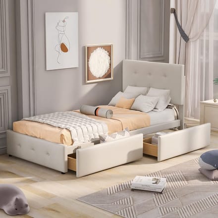 Gestoffeerd Eenpersoons Bed 90x200 cm met 2 Opbergladen en Lattenbodem - Beige Fluweel