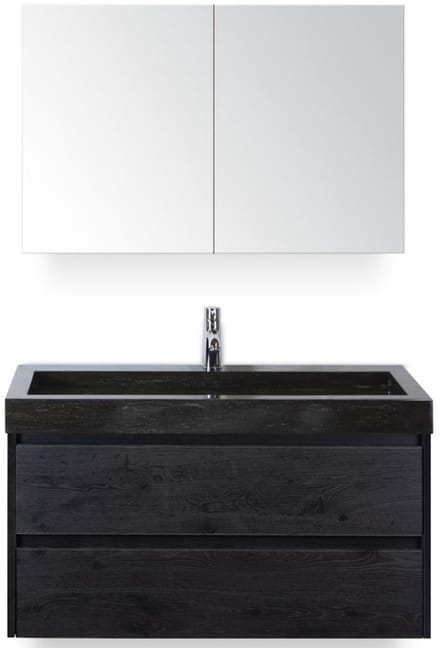 Dante Badmeubelset 100 cm - Black Oak - Wastafel Hardsteen Wit Lucca met Spiegelkast