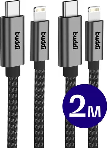 Duo Pack - Buddi Flex | USB-C naar Lightning Kabel 20W Fast Charge | Power Delivery | 480Mbps Dataoverdracht | Gevlochten Nylon | 2M | 2 Meter | Zwart