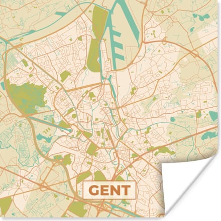 Poster Kaart - Gent - Vintage - Plattegrond - Stadskaart - 75x75 cm