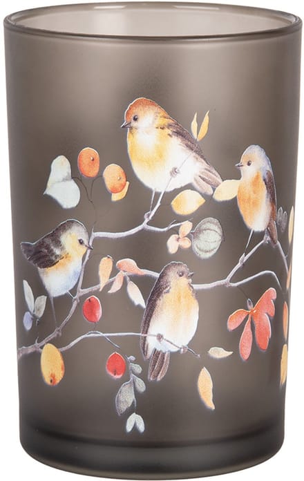 Clayre & Eef Theelichthouder Ø 12x18 cm Grijs Glas Vogels op Takken