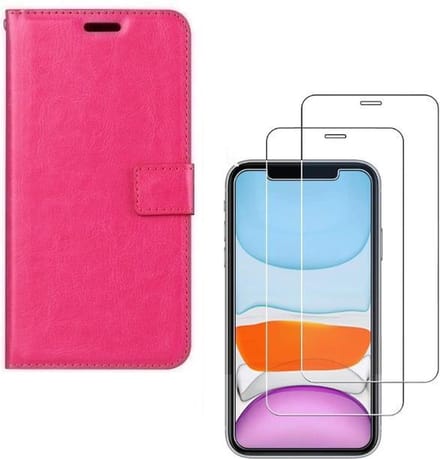 Bookcase Geschikt voor: iPhone 11 Pro - roze - portemonee hoesje + 2X Tempered Glass Screenprotector