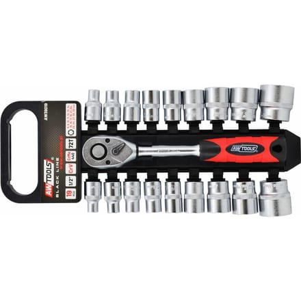 Awtools AW39019 Serie - Dopsleutelset - 19 Delig - Ergonomische Ratelsleutel - Staal