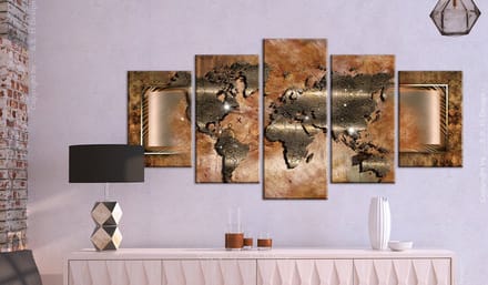 Schilderij - Stalen wereldkaart (staal look, dus canvas) 5 luik