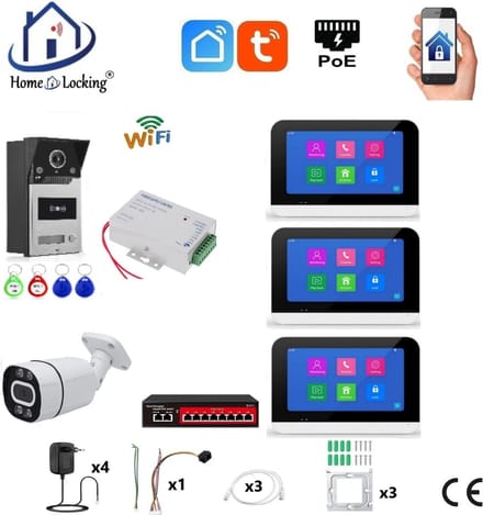Smart WIFI deur intercom/videofoon touchscreen met bediening via Smart Life APP werkt met Alexa en Google spraaksturing. T-2302V-1-3+C