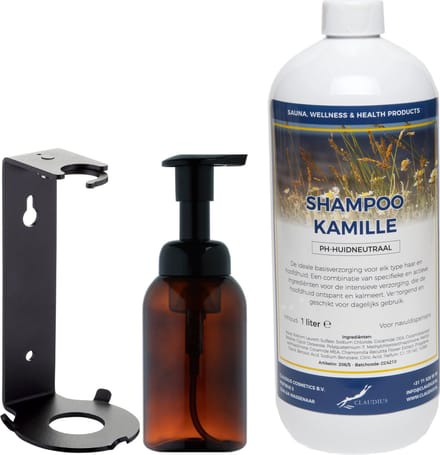 Zeepdispenser 300 ml amber bruin hervulbaar + 1 liter Shampoo Kamille navulling (inclusief beugel)