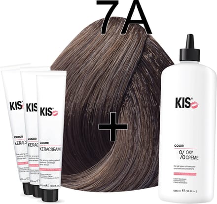Kis KeraCream Color - 100ml - Haarverf Set - 7A Middel asblond | KIS - (3 x haarverf & 1L waterstofperoxide)