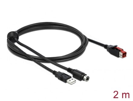 Delock 85941 USB-stroomkabel PoweredUSB 24V stekker, USB-A stekker, Hosiden mini-DIN-stekker 3-polig 2.00 m Zwart