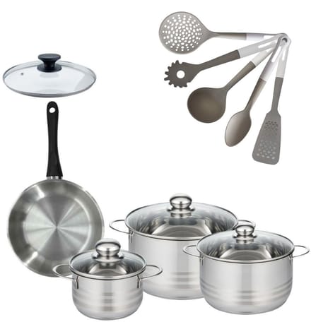 Set Pan 20cm & 3 Kookpotten 16/20/24cm Fackelmann Genève met 6 keukengerei