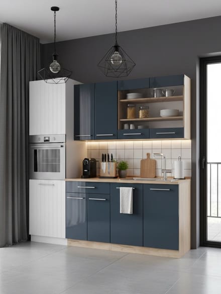 Singlekeuken 140 cm, donkerblauw hoogglans - Eiken - Novihome