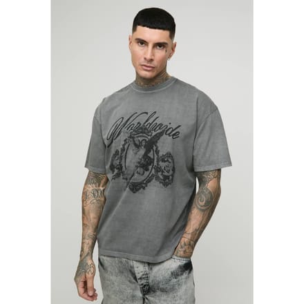 Lang Oversized Renaissance Print Gewassen Print T-Shirt | Charcoal | Size Medium