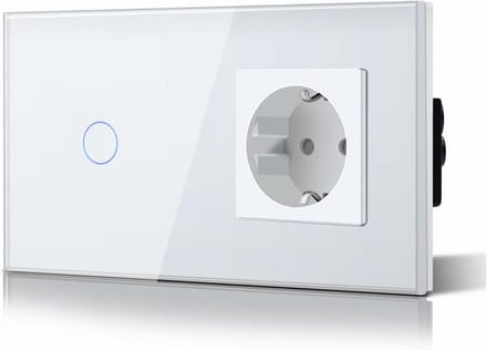 Touch Light Switch with Earthed Socket – Recessed Design, Crystal Glass Plate – Light Switch & Wall Socket – 157 mm – White
