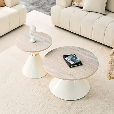 Salontafel set van 2 - Ruimtebesparend - Travertin look tafelblad - Woonkamer - Houtkleur