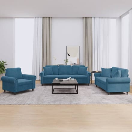 vidaXL - 3-delige - Loungeset - met - kussens - fluweel - blauw