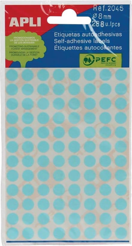 Apli ronde etiketten in etui diameter 8 mm, blauw, 288 stuks, 96 per blad (2045)