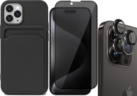 Hoesje Pasjeshouder geschikt voor iPhone 15 Pro Max - Privacy Screenprotector FullGuard + Camera Lens Screen Protector Zwart - Siliconen Case Back Cover Zwart
