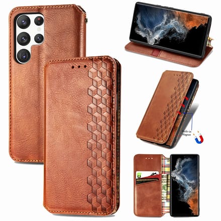 Luxe PU Lederen Ruitpatroon Wallet Case + Glas Screenprotector voor Galaxy S25 Ultra _ Bruin