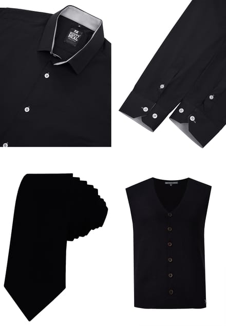Driedelig pak met overhemd, vest en stropdas