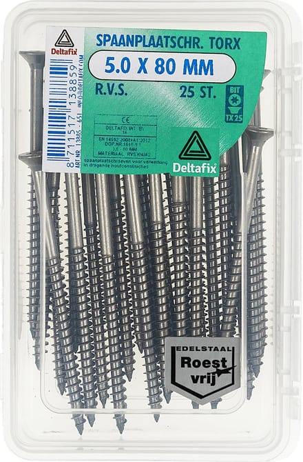 Deltafix spaanplaatschroef platkop / torx r.v.s. a2 5.0 x 80 mm 25 st.