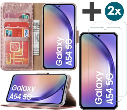 Samsung Galaxy A54 (5G) hoesje - bookcase met pasjeshouder + 2x Screenprotector tempered glass - Rosegoud