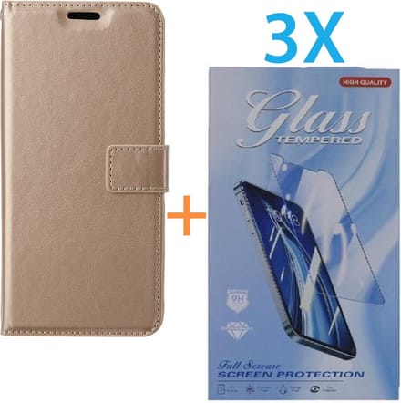 Bookcase Geschikt voor: Apple iPhone 16 Plus - Goud - portemonnee hoesje - + 3X Tempered Glass Screenprotector