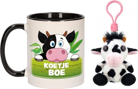 Cadeau set kind - Koe sleutelhanger knuffel 9 cm en drinkbeker 300 ml