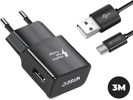 WiseQ USB C Oplader - Geschikt voor Samsung Galaxy - 18W Adaptive Fast Charging - Met Oplaadkabel 3 Meter - Zwart