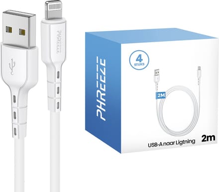 Lange oplaadkabel geschikt voor iPhone - 4 pack - Oplaadkabel - Wit - 2 meter - Phreeze