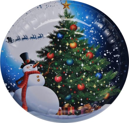 HI kinderbord met sneeuwpop - blauw/wit - metaal - 26 cm - kerstontbijt - kerstdiner - kerstartikelen