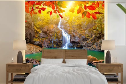 Behang - Fotobehang Stenen - Boom - Waterval - Herfst - Rood - Breedte 280 cm x hoogte 280 cm