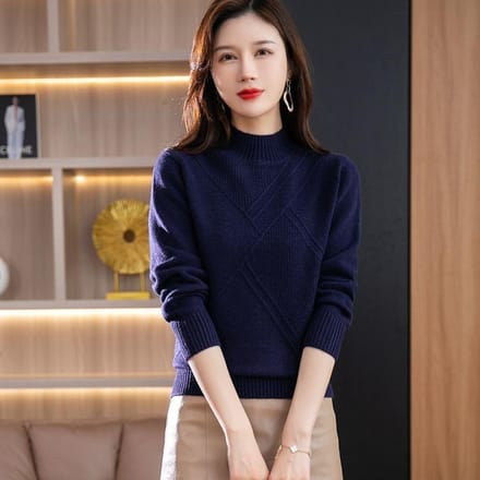 Pull d'Automne et d'Hiver à Col Semi-Montant Court Mode Ample Tricot Épais Base 2XL naval