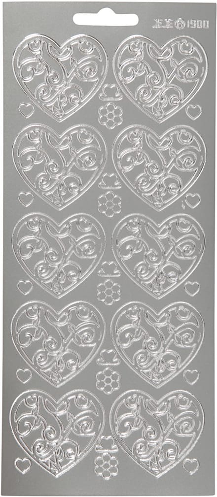 Stickers, harten, vel 10x23 cm, zilver, 1 vel