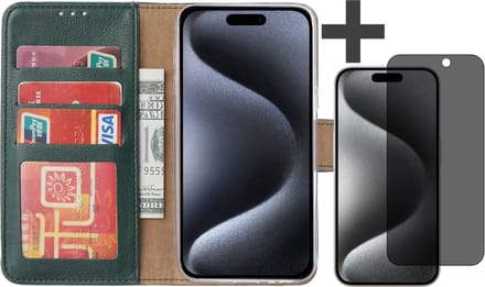 Hoesje met Privacy Screenprotector Geschikt voor iPhone 15 Pro Max – Arara bookcase met pasjeshouder - Groen