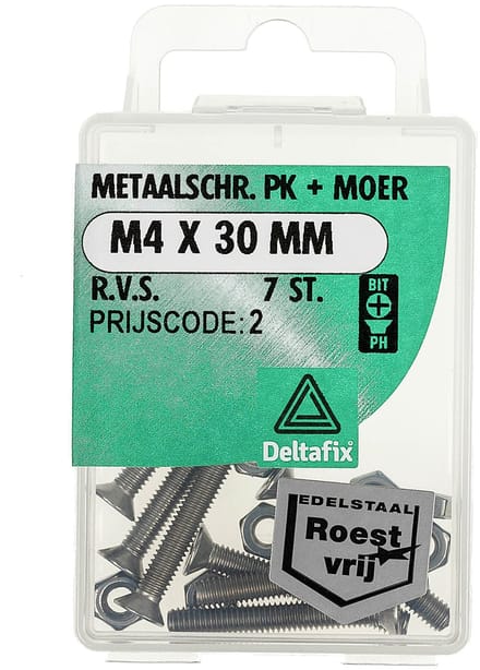 Deltafix metaalschroef / bout platte kop + moer M4 x 30 mm - RVS A2 - 7 stuks